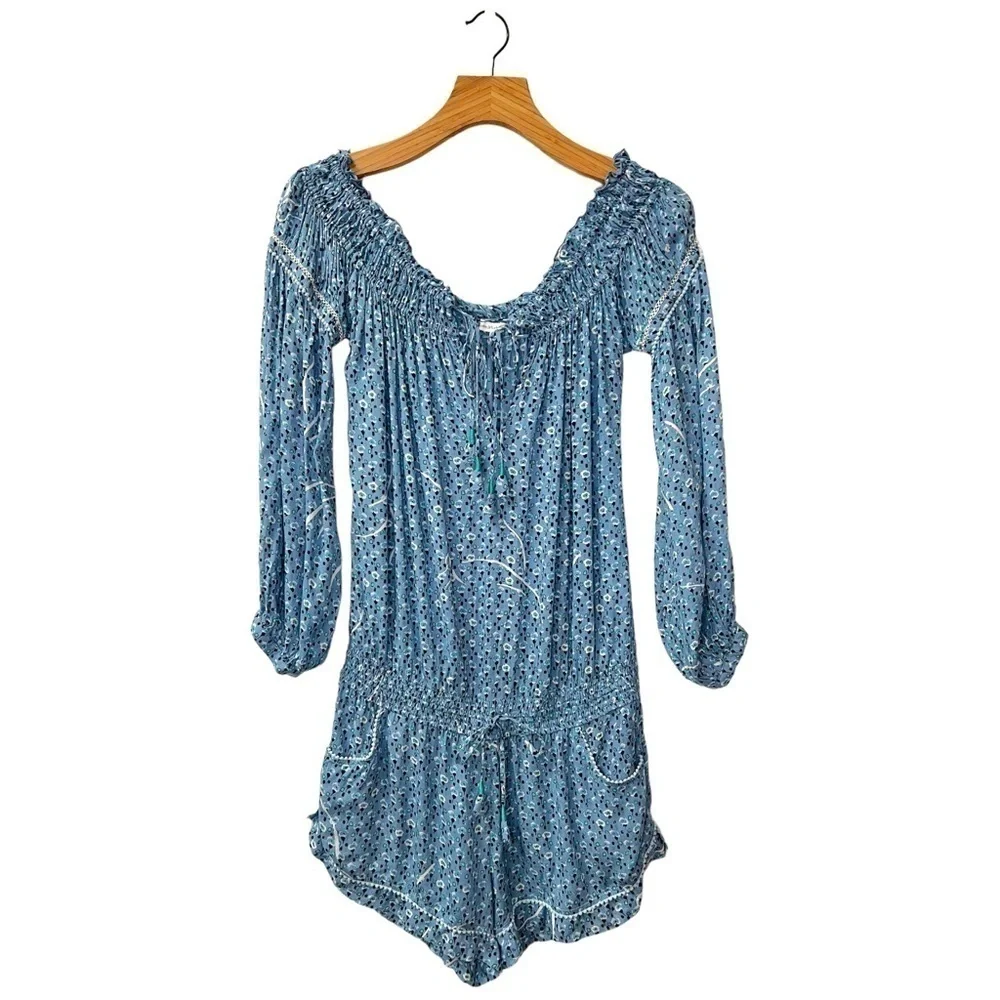 Poupette St. Barth Short Jumpsuit Clara Off Shoulder Blue Geo Flower Print L